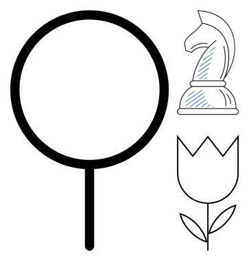 Kalın büyüteç, satranç şövalyesi ve stilize lale şekli odak, strateji ve büyüme temalarını ima ediyor. İş dünyası, liderlik, yaratıcılık, yenilik keşif eğitimi için idealdir.