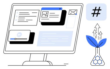 İçerik pencereleri, zarfı, arama çubuğu ve ortam oynatıcısı olan masaüstü ekranı. Yeniliği simgeleyen oklarla bitki yetiştirmek. Yaratıcılık, analitik, büyüme, pazarlama teknolojisi için ideal