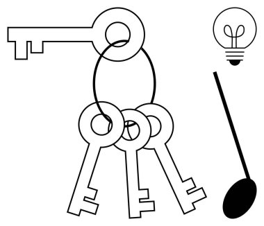Yüzükteki anahtarlar çözümleri, fikirler için ampul ve keşif için büyüteçleri sembolize eder. Yenilikçilik, keşif, problem çözme, yaratıcılık, liderlik, beyin fırtınası için ideal.