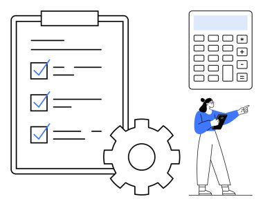 İşaretli görevleri olan kontrol listesi, hesaplamalar için hesap makinesi, ayarları temsil eden dişli dişli, tablet tutan kadın. Üretkenlik, planlama, iş akışı, organizasyon, verimlilik takım çalışması için ideal