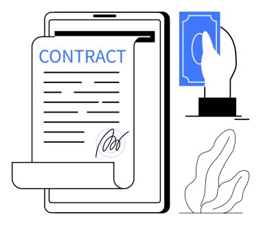 Dijital kontratı olan tablet imzalanmaya, el ele tutuşmaya nakit para ve asgari dekor. E-imza, çevrimiçi ödemeler, işlemler, iş akışları, yasal hizmetler, anlaşmalar için ideal