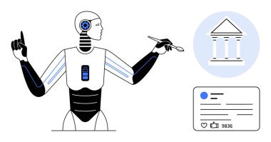 Boya fırçalı robot sanat yaratıyor, yanında da klasik bir bina ve sosyal medya arayüzü. Yenilik, teknoloji, yaratıcılık, yapay zeka, sanat, eğitim, sosyal medya için ideal