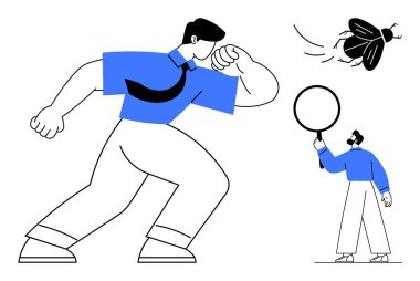 Dev bir işadamı, daha küçük bir figürün yanında büyüteçle sineği inceliyor. Analiz, araştırma, odaklanma, gözlem, ölçek, yenilik, basit iniş sayfası için ideal