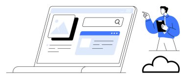 Arama çubuğuyla çoklu ortam ve veri arayüzünü gösteren dizüstü bilgisayar ekranı. Tablet tutan adam verileri analiz ediyor. Bulut elemanı çevrimiçi depolamayı sembolize eder. Teknoloji, bulut hesaplama ve veri için ideal
