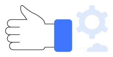 El, başparmak işareti, mavi kollu, dişli ve bulutlu. Onay, takım çalışması, işbirliği, optimizasyon, verimlilik, sistem güvenilirliği için ideal. Düz basit metafor