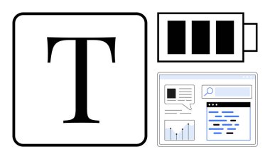 Geniş metin simgesi, pil seviyesi göstergesi ve grafik ve veri içeren web sayfası düzeniyle tipografi odaklı tasarım. Üretkenlik, analitik, teknoloji, iletişim, enerji izleme için ideal