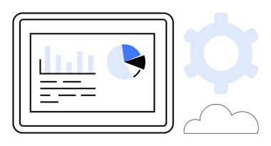 Tablet ekranda mavi dişli ve bulut simgesi ile birlikte çubuk grafik, pasta grafiği ve metin satırları gösteriliyor. Analiz, bulut hesaplama, veri yönetimi, otomasyon, teknoloji, strateji yeniliği için ideal
