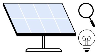 Güneş paneli, denetleme için büyüteç, enerji çıkışını sembolize eden ampul. Sürdürülebilirlik, yenilenebilir enerji, teknoloji, yenilik, çevre dostu uygulamalar, temiz güç için ideal
