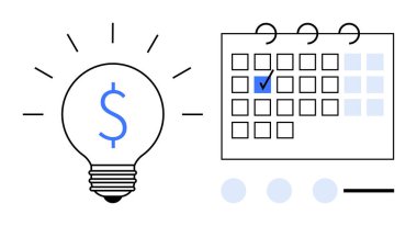 Finansal fikirleri temsil eden dolar işareti olan ampul planlama veya hedef belirleme için işaretli bir takvimle eşleştirildi. Finans, tasarruf, strateji, süreler, üretkenlik, planlama, zaman için ideal