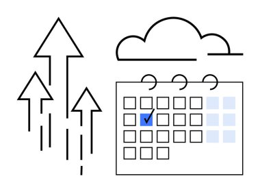 İşaretli tarihli takvim, ilerleme için yukarı doğru oklar, dijital planlama için bulut sembolü. Planlama, üretkenlik, büyüme, süreler, başarı, yenilik için ideal düz metafor
