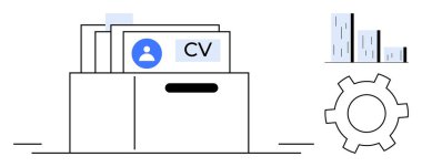 CV dosyaları, kullanıcı profilleri, analitik için çubuk grafiği ve fonksiyonel işlevselliği simgeleyen dişli kutusu. İşe alım, İK araçları, iş akışı otomasyonu, takım yönetimi, analitik gösterge paneli işe alımı için ideal