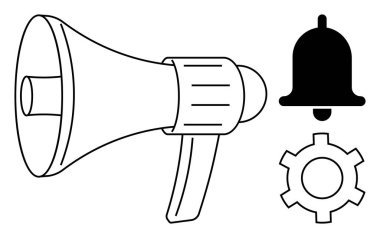 Megafon iletişimi simgeler, çan uyarıları simgeler ve teçhizat ayarları temsil eder. İş, pazarlama, teknoloji, iletişim, alarmlar, hizmetler için ideal basit iniş sayfası