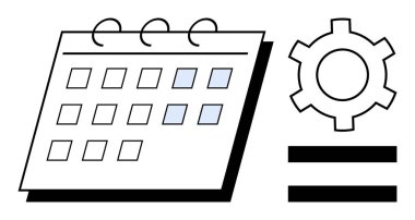 Vurgulanmış tarihli takvim bir dişli sembolü ve eşit çizgilerin yanında. Planlama, üretkenlik araçları, proje yönetimi, iş akışı, zaman verimliliği, otomasyon, basit iniş sayfası için ideal