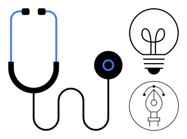 Steteskop sağlık hizmetini, ampul yeniliği, kalem ucu da yaratıcılığı simgeliyor. Sağlık, fikirler, tasarım, teşhis, beyin fırtınası öğrenme gelişimi için ideal. Düz basit