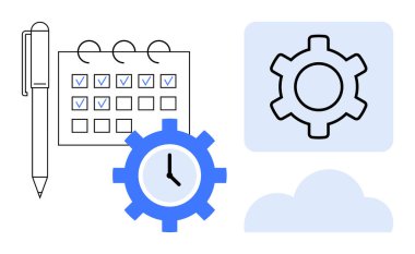 Çizelgelerle işaretlenmiş kalem, zamanlamayı temsil eden saat dişlisi, veri senkronizasyonu için bulut. Üretkenlik, takım planlaması, zaman izleme, iş akışı yönetimi, görev heyeti, otomasyon için ideal