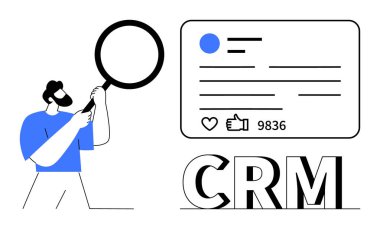 CRM kullanıcı profili üzerinde büyüteç tutan adam, beğenileri ve görüşleri onaylıyor. Veri analizi için ideal, CRM araçları, kullanıcı bağlantısı, müşteri profilleri, pazarlama, analitik