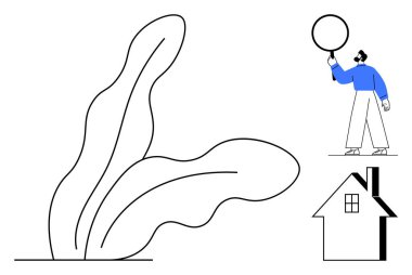 Soyut yaprak ve evin yanında balon tutan adam, basitçe. Yaratıcılık, denge, doğa, ev tasarımı, minimalizm, sanatsal düzenler için ideal, basit iniş sayfası