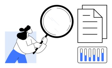 Kâğıtların yanında büyüteç tutan kadın analizi, doğruluğu ve sezgileri vurguluyor. Bar tablosu veri gösterimini sembolize eder. Araştırma, veri incelemesi, denetim, üretkenlik dosyası için ideal