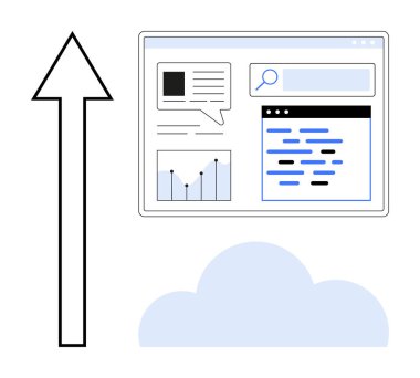 Bir web sayfasının haritası, arama çubuğu ve bulut grafiğinin üstündeki metin kutularını gösteren ok. Büyüme, teknoloji, analitik, bulut hesaplama, SEO, yenilik ve basit bir