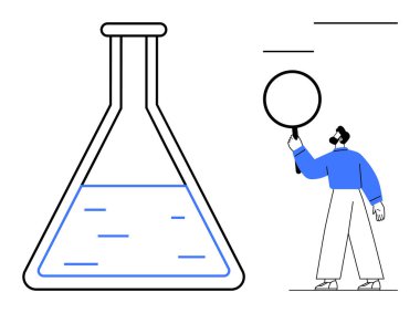 Şişenin içinde sıvı ve elinde büyüteç tutan biri var. Bilim, araştırma, laboratuvar, analiz, keşif, yenilik, basit iniş sayfası için ideal