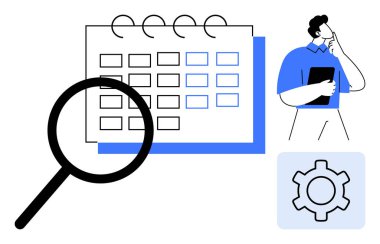 Takvim üzerinde büyüteç, pano tutarken düşünen adam, ayarları temsil eden vites simgesi. Planlama, üretkenlik, programlama, problem çözme, analiz, yönetim için ideal basit