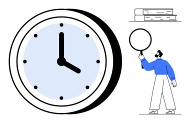 Büyük saat, büyüteçli adam ve kitap yığını odaklanmayı, üretkenliği ve organizasyonu vurguluyor. Eğitim, zaman yönetimi, işyeri, araştırma verimliliği planlaması için ideal basit