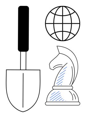Kürek, dünya ve satranç şövalyesi görselleştirme stratejisi, büyüme, küresel perspektif, yaratıcı fikirler, yenilik, stratejik düşünce ve ilerleme. İş ortamı ve kalkınma için ideal