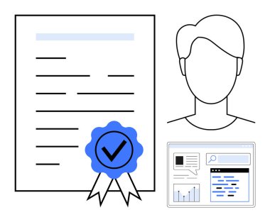 Mavi doğrulama rozetli sertifika, kullanıcı profili taslağı ve analitik gösterge paneli. Referans, sertifika, kimlik doğrulama, eğitim, veri içgörüleri, HR ve basit