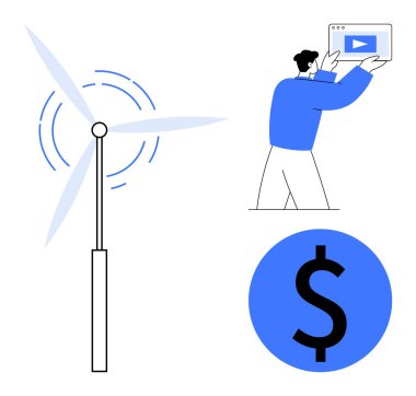 Rüzgar türbininin enerji üretmesi, video oynatıcı ekranı tutan kişi ve dolar işareti. Sürdürülebilirlik, teknoloji, yenilenebilir enerji, temiz enerji, finansal büyüme, yenilik için ideal basit
