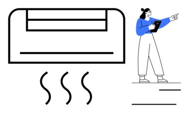 Klima ünitesi ısı yayıyor, teknisyen tableti ileri doğrultuyor. HVAC hizmetleri, ısıtma çözümleri, enerji yönetimi, iklim kontrolü, akıllı cihazlar, teknik onarım için ideal