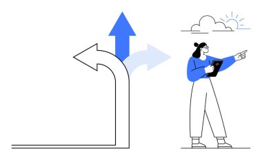Tabletli kadın, gelecek yollara yönelik işaretler, kararları ve ilerlemeyi sembolize eden oklarla temsil ediliyor. İş stratejisi, karar verme, rehberlik, liderlik, fırsat, büyüme için ideal
