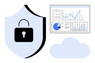 Kilitli kalkan, güvenli verileri, ekranda grafikler ve bulut elementi olan analitik gösterge panelini temsil ediyor. Siber güvenlik, veri koruması, bulut hesaplama, analitik ve bilişim hizmetleri için ideal