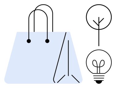 Ağaç ve ampulle bağlanmış alışveriş torbası çevre bilincini sembolize ediyor. Sürdürülebilirlik, alışveriş, yenilik, yeşil yaşam, yenilenebilir enerji, minimalizm eko-ticaret için ideal. Düz basit metafor