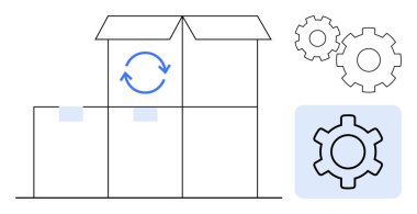 Geri dönüşüm oklu kutular lojistik ve sürdürülebilirliği vurguluyor. İkonalar otomasyonu, optimizasyonu, tedarik zincirini, ambalajı, verimliliği ve yeniliği temsil eder. İdeal