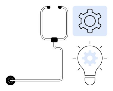 Stetoskop bir ampul ve dişli ikonunda vites yanında kıvrılır. Sağlık teşhisi, yenilik, sorun çözme, tıbbi teknoloji, yaratıcılık, mühendislik, basit iniş sayfası için ideal