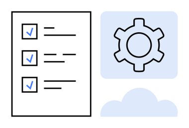 Mavi işaretli görev listesi, vites sembolü ve bulut elementi. Üretkenlik, iş akışı, süreç optimizasyonu, planlama, bulut servisi, görev yönetimi basit iniş sayfası için ideal