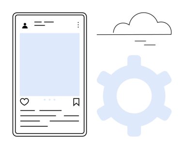 Bir vites simgesi ve bir bulutun yanında akıllı telefon sosyal medya posta düzeni. Ayarlar, kişiselleştirme, teknoloji, sosyal medya, kullanıcı arayüzü, bulut depolama, dijital araçlar için ideal. Düz basit metafor