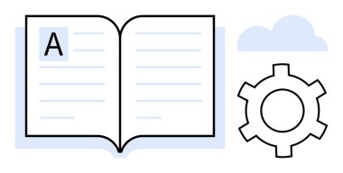 Bir bulut ve teçhizatın yanında görünür metin satırları olan açık bir kitap. Eğitim, teknoloji, e-öğrenme, yenilik, bulut hesaplama, bilgi paylaşımı, basit iniş sayfası