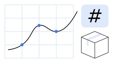 Mavi veri noktaları, üstveri etiketi simgesi ve basit bir küp olan bir ızgaradaki büyüme eğrisi. Veri analizi, ilerleme izleme, sosyal eğilimler, lojistik, pazarlama, istatistik sade iniş sayfası için ideal