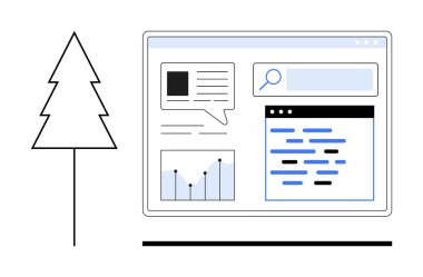 Sohbet baloncuğu, analitik grafik, blog düzeni ve basit bir ağaç çiziminin yanında arama çubuğu içeren dijital gösterge paneli. Web geliştirme, blog tasarımı, analitik, SEO, kullanıcı arayüzü minimalizmi için ideal