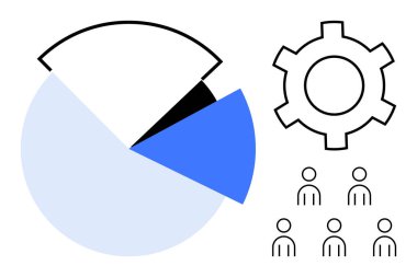 Altını çizilmiş turta grafiği, dişli sembolik süreçler ve takım simgeleri. Veri analizi, takım çalışması, iş akışı, iş stratejisi, verimlilik ve işbirliği için ideal