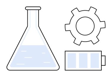 Sıvı dolu laboratuvar şişesi mühendisliği temsil eden ekipman ve enerjiyi sembolize eden pil. Bilim, araştırma, enerji, yenilik, endüstri, eğitim için ideal basit iniş sayfası