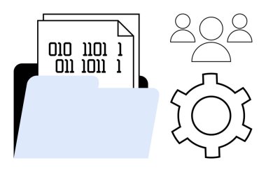 Kullanıcı grubunun yanındaki dizinde ikili kodlanmış belge ve veri organizasyonunu temsil eden dişli simgeleri. Veri paylaşımı, kodlama, takım çalışması, proje yönetimi, sistem optimizasyonu, analiz, basit