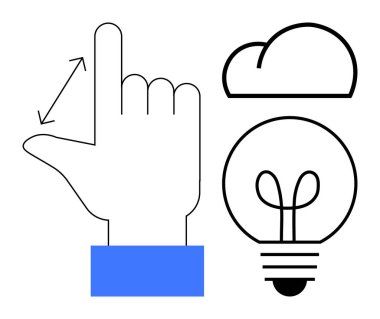 Ölçüm okları, bulut ve ampul ile el, yaratıcılığı, yeniliği, beyin fırtınasını, problem çözmeyi, ölçeklenebilirliği, takım çalışmasını ve teknolojiyi göstermektedir. Düz basit metafor için ideal