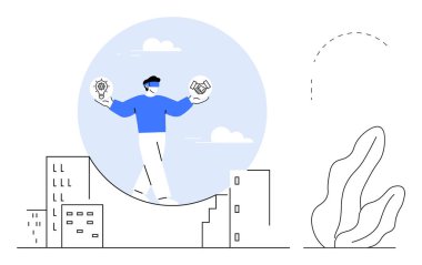 İş adamı binaların üzerinde kıvrımlı bir yolda yürürken elinde fikirleri ve takım çalışmasını temsil eden iki simge tutuyor. Yenilik, denge, işbirliği, liderlik, strateji, gelecek vizyon, basit