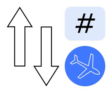 Yukarı ve aşağı doğru oklar, bir düzlemli mavi daire, ve bir üstveri etiketi elemanı. Seyahat, iletişim, sosyal medya, navigasyon, teknoloji, yön ve basit bir iniş sayfası için ideal
