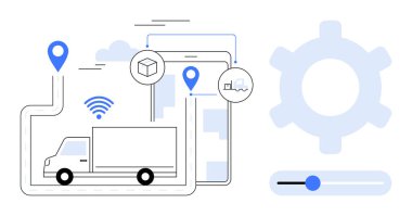 GPS pimleri, veri bağlantıları depo haritası ve lojistik ayarları için vites simgesi olan bir teslimat kamyonu yolda. Lojistik, dağıtım, otomasyon, takip, seyrüsefer tedarik zinciri için ideal