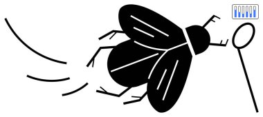 Büyük siyah sinek hareket çizgileriyle bir büyütece doğru uçuyor, bitişik küçük çubuk grafiğine doğru. Araştırma, haşere kontrolü, veri analizi, büyütme, teknoloji, biyoloji, basit iniş sayfası için ideal