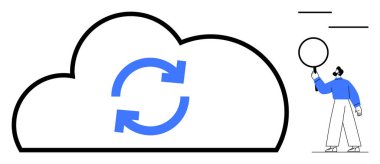 İçinde dönen oklar olan büyük bir bulut, veri senkronizasyonu ve dijital depolamayı simgeliyor. Çember oluşturan kişi. Bulut hesaplama, depolama, veri paylaşımı ve teknoloji için ideal