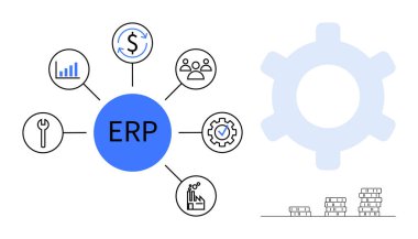 Merkezi ERP merkezi analitik, finans, insan kaynakları, araçlar, dişli işlemleri ve büyüme için ikonları bağlıyor. İş yönetimi, süreç otomasyonu, verimlilik stratejisi organizasyonu için ideal